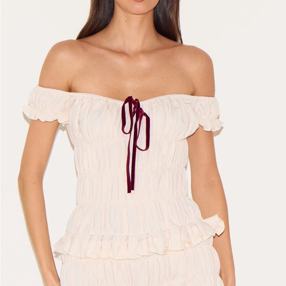 PrettyLittleThing Cream Off-Shoulder Ruffle Jumpsuit with Burgundy Tie Detail